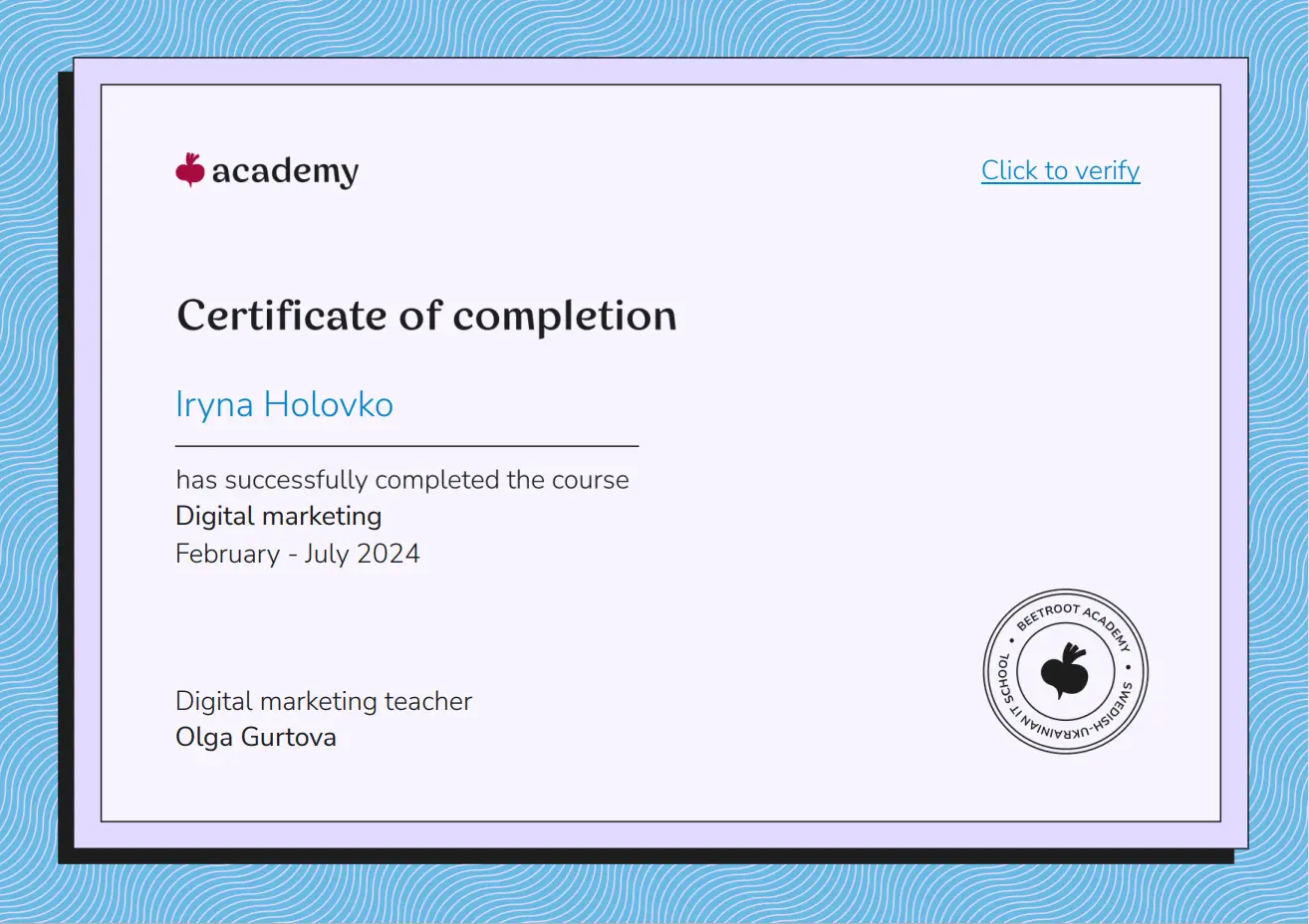 Сертифікат Beetroot Academy про проходження курсу Digital Marketing
